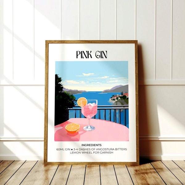 Pink Gin Cocktail, Bar Cart Decor, Retro Cocktail Print, Bar Cart Art Print, Cocktail Print, A4, A3, A2, A1, A0, 30x40cm, 40x50cm, 50x70cm