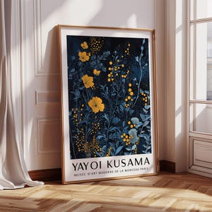Orange and Blue Wall Art – Yayoi Kusama Inspired Floral Print – Dark Botanical Poster with Bold Dot Details and Modern Contrast