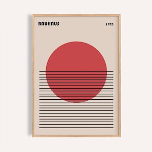 Bauhaus-kunstdruk bij zonsondergang: Japanse minimalistische poster met rode cirkel