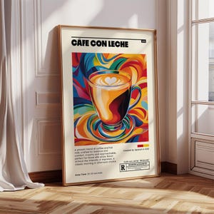 Cafe Con Leche Art Print Colorful Coffee Wall Art, Retro Latte Poster, Spanish Kitchen Decor, Modern Café Drink Illustration
