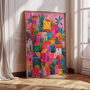 Mexican Village Painting | Colorful Wall Art Print of Vibrant Houses and Tropical Plants | Boho Mexican Decor for Eclectic Interiors