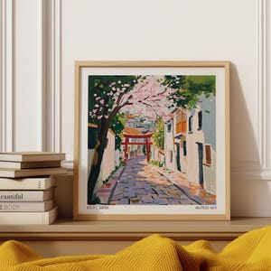 Kyoto Japan Art – Cherry Blossom Street with Red Torii Gate, Painterly Spring Wall Print Inspired by Japanese Travel