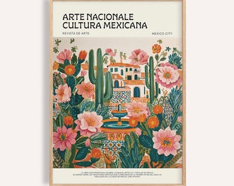 Impresión de arte popular mexicano: Jardín de cactus, arte mural mexicano vintage
