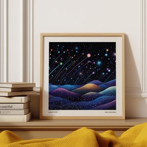 Kosmische Sternschnuppen Wandkunst | Yayoi Kusama inspiriertes Galaxie-Poster | Quadratischer himmlischer Dekor für Wohnzimmer, Schlafzimmer