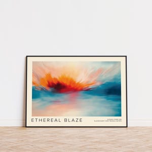 Abstract sunrise painting with vibrant red and orange hues.