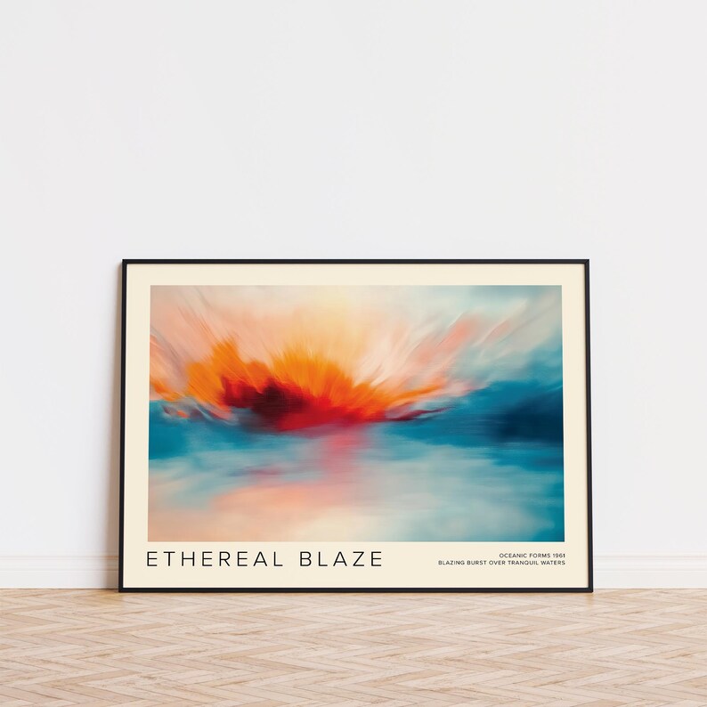 Abstract sunrise painting with vibrant red and orange hues.