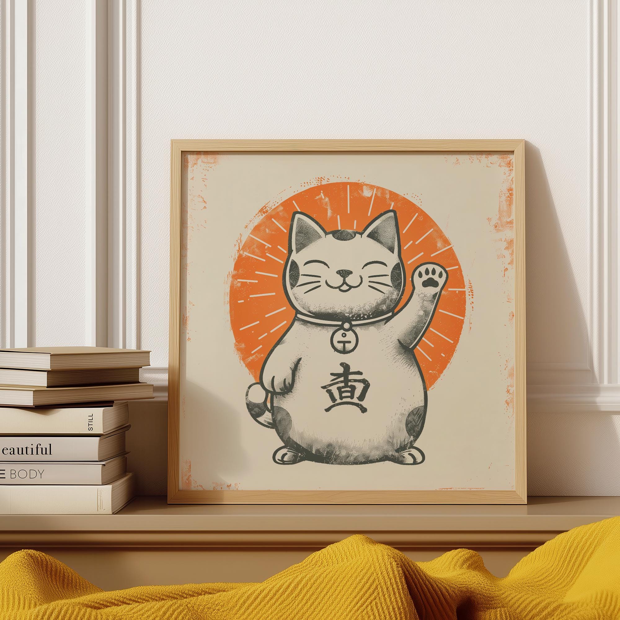 招き猫の幸運の猫の版画：ヴィンテージの日本の幸運のアート - Etsy 日本