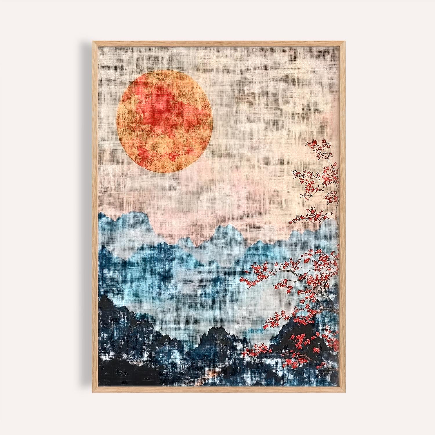Wabi Sabi Japanese Mountain Art Print: Red Sun, Misty Landscape