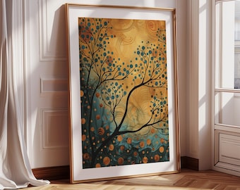 Japanese Wall Art Modern Nature Abstract Tree Branches in Vibrant Orange and Teal | Contemporary Living Room Statement Print