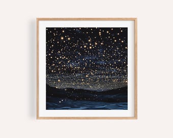 Impresión de galaxia de cielo nocturno: arte mural estrellado en azul profundo y dorado