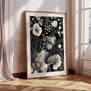 Large Floral Wall Art | Monochrome Black & Ivory Botanical Print | Modern Japanese Wall Art for Statement Interiors