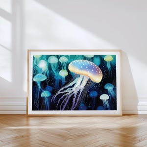 Large Jellyfish Art Print with Vibrant Ccean Colors | Big Abstract Jelly Fish Poster | Horizontal Modern Sea Themed Picture for Home Decor