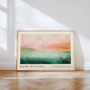 Arte de parede de paisagem verde abstrata | Impressão de natureza inspirada em Rothko | Decoração moderna em rosa pastel e verde para sala de estar ou quarto
