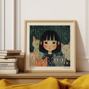 Impresión de arte de pared de niña con gatos, retrato caprichoso, decoración minimalista japonesa para sala de estar, dormitorio o espacios infantiles, póster de Yayoi Kusama