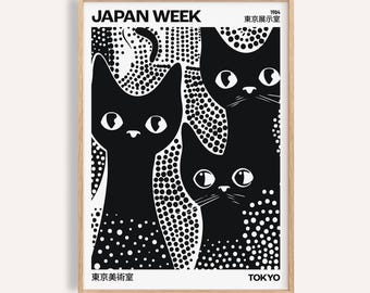 Black Cat Polka Dot Art Print: Modern Japanese Wall Decor