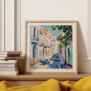 Paintings of Cuba – Colorful Havana Street Scene with Classic Car and Colonial Balconies, Expressive Travel Wall Art