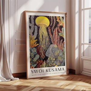 Jellyfish Poster Yayoi Kusama Inspired Ocean Print – Abstract Dot Painting with Coral Reef in Yellow, Red and Brown