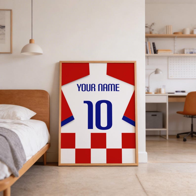 Croatia national team shirt wall art featuring bold name number design and crisp silhouette, perfect office or fan room decor