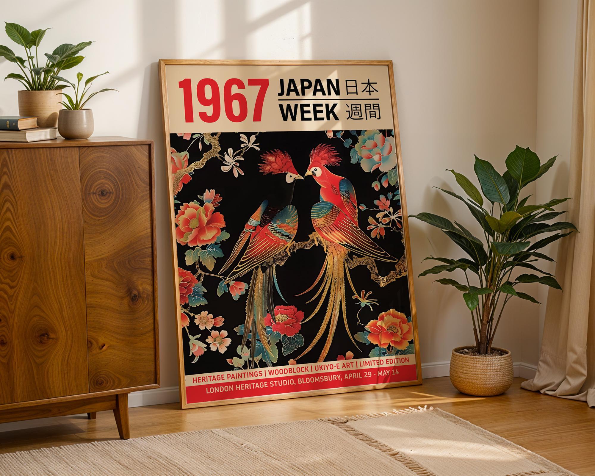 1967 Japan Week Art Print: Ukiyo-e Birds & Floral Design - Etsy
