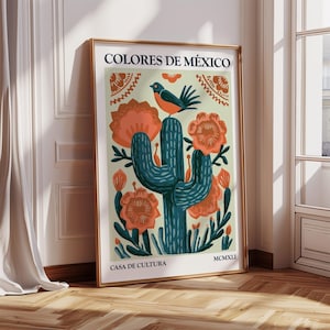 Cactus Wall Art Mexican Landscape with Floral Borders and Bird | Boho Desert Decor | Folk Art Wall Decor for Nature Lovers