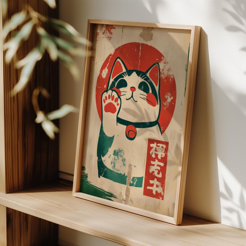 Maneki Neko Cat Print: Japanese Lucky Cat Retro Wall Art - Etsy