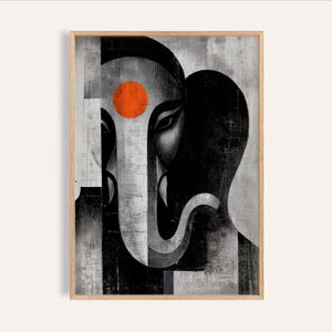 Peut inclure: Impression artistique abstraite de Ganesha dans un cadre en bois. L'œuvre utilise une palette de noir et blanc avec un point orange sur le front. L'image a un aspect texturé, avec des formes et des lignes géométriques.