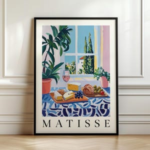 French Prints – Still Life Window Scene with Cheese, Wine and Fruit, Colorful Kitchen Wall Art, Provence Dining Table Poster