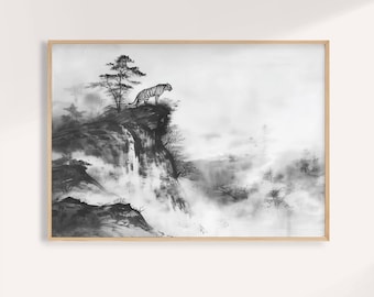 墨山風景画：アジアの塔、飛ぶ鳥 - Etsy 日本