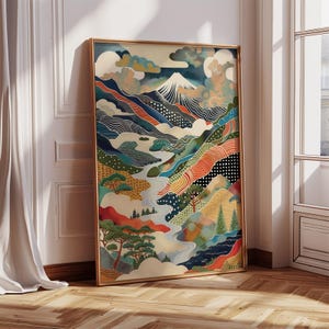 Póster con paisaje de montaña japonés con impresión del monte Fuji, arte moderno colorido para sala de estar, dormitorio u oficina, arte de pared de viaje a Japón