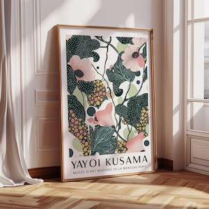 Wall Art with Pink Flowers – Yayoi Kusama Inspired Botanical Print – Abstract Modern Floral Poster with Graphic Dot Patterns