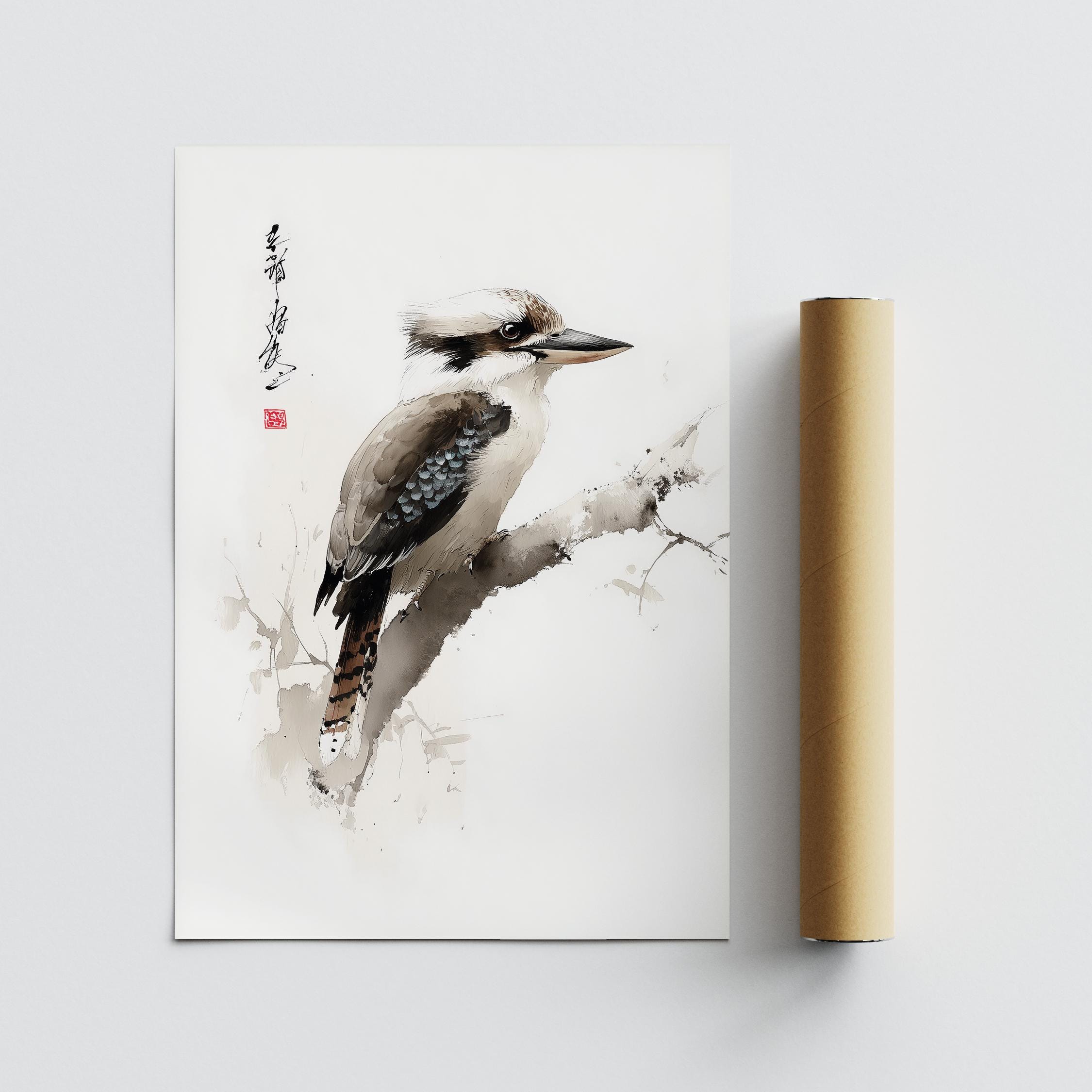 ワライカワセミのプリント：日本の水彩画の鳥のアート、自然の壁飾り