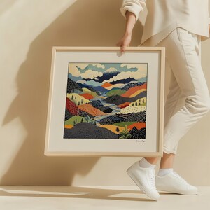 Stampa astratta del paesaggio del Monte Fuji in Giappone / Arte murale della natura colorata / Decorazione panoramica moderna quadrata per soggiorno, camera da letto, ufficio Poster