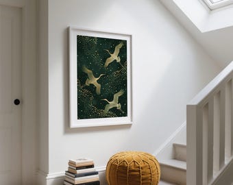 金色の鶴の日本画：エレガントなジャパンディの壁飾り - Etsy 日本
