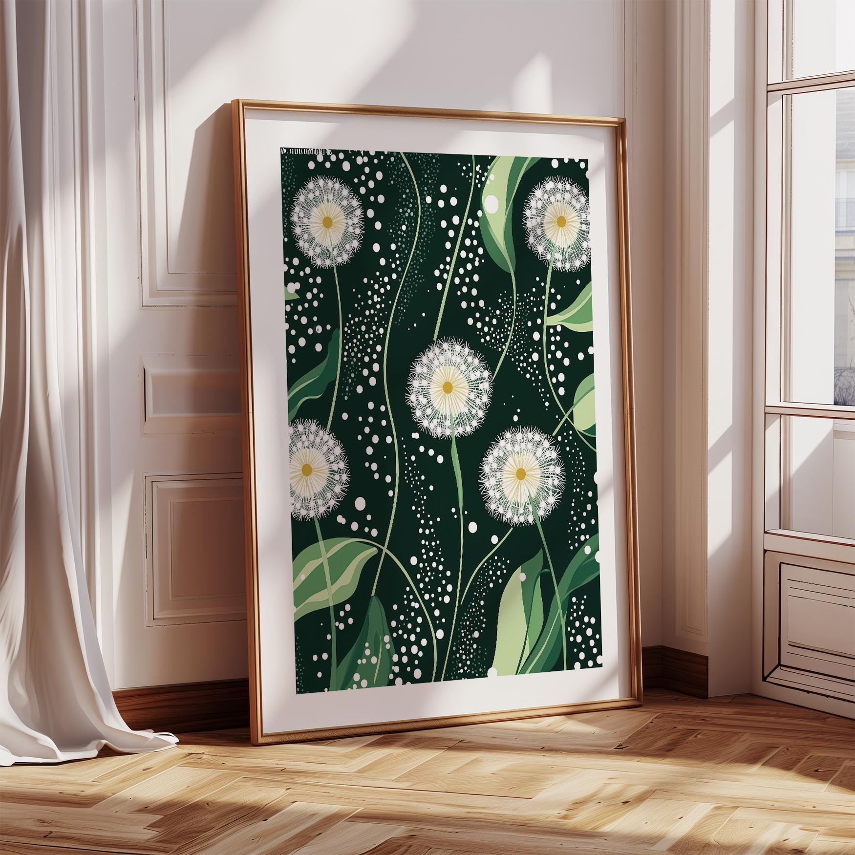 Dandelions Japanese Wall Art Print: Green & Yellow Floral Dots - Etsy