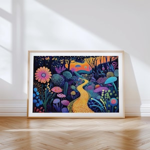 Colorful Landscape Poster With Surreal Forest Scene | Psychedelic Nature Art Print for Living Room or Office | Vibrant Sunset Wall Decor