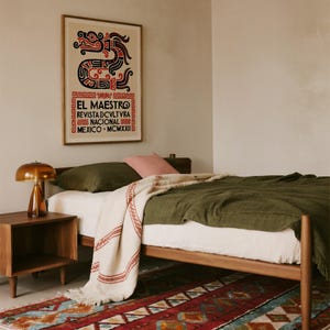 Graphic serpent print poster with geometric shapes and decorative border