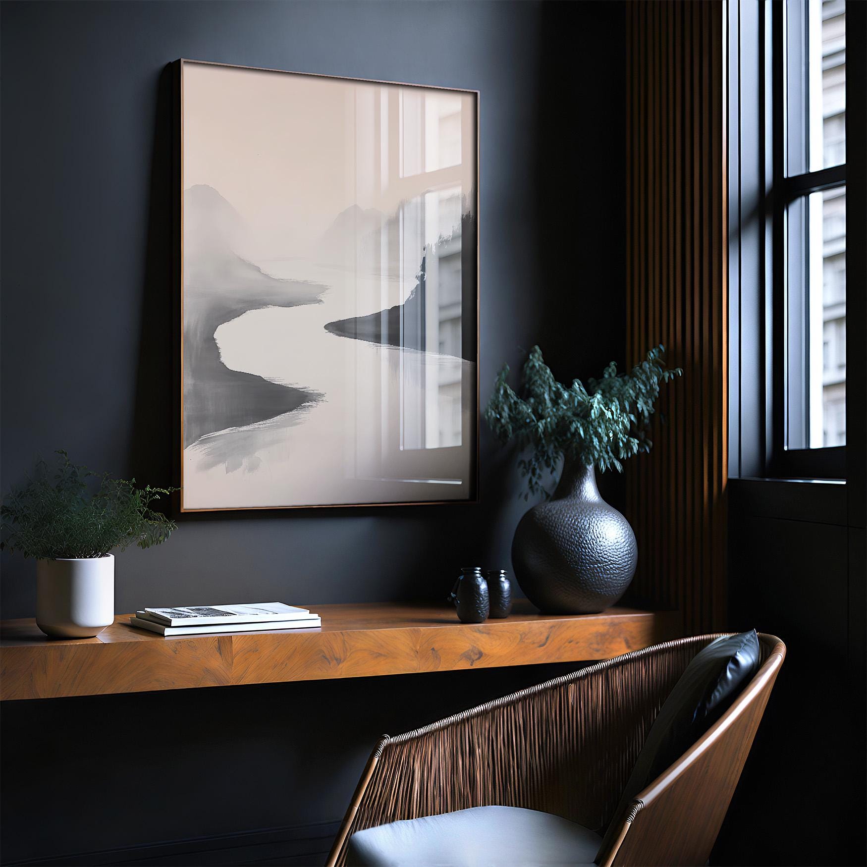 水墨画：霧の川の風景、侘び寂びアート - Etsy 日本