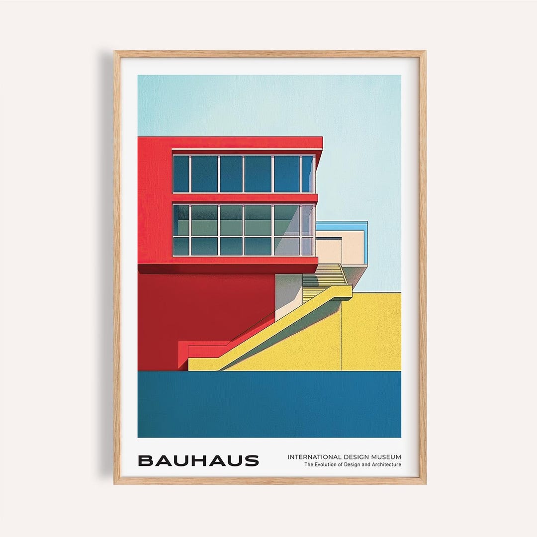 Bauhaus Architecture Art Print: Mid-century Modern Red, Blue
