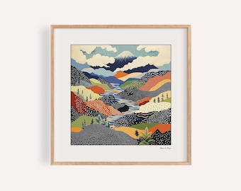 Impresión abstracta del Monte Fuji: arte mural con paisajes japoneses coloridos