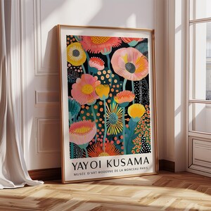 Impressão de parede floral moderna | Pôster de flores coloridas inspirado em Yayoi Kusama | Decoração de natureza tropical para sala de estar, quarto e escritório