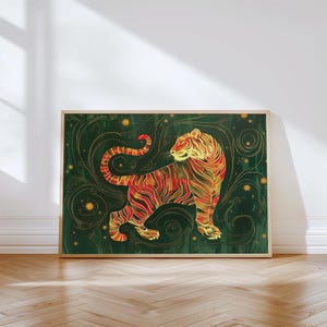 Arte de pared de tigre dorado para sala de estar / Impresión de tigre de lujo / Decoración de animales orientales para dormitorio u oficina / Póster de entrada japonés