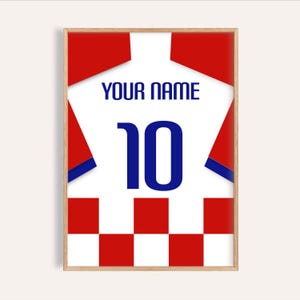 Croatia football jersey poster with custom name and number, red sleeve trim detail and clean minimalist layout for a modern game room