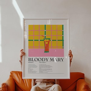 Retro Drink Poster Bloody Mary Cocktail Art Print – Bold Tomato Juice Recipe with Vintage Style, Colorful Wall Art for Bar or Kitchen Decor