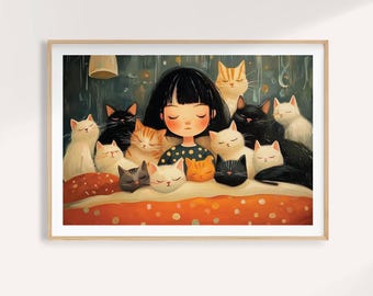 Girl and Cats Sleeping Print: Whimsical Nursery Wall Art