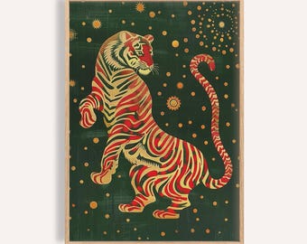 Japanse tijgerkunstprint: groen en goud abstract muurdecor
