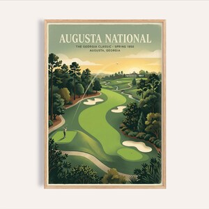 May include: A framed vintage poster for Augusta National golf course. The image shows a green fairway, trees, and the text "Augusta National" and "The Georgia Classic - Spring 1958, Augusta, Georgia."
