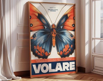 Volare Butterfly Wall Print Italian Retro Decor Modern Gifts for Art Lovers | Vibrant Poster for Living Room | Bold Colorful Butterfly Art