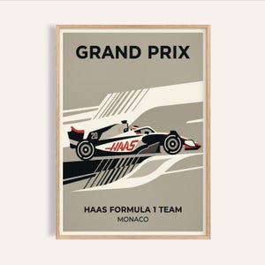 Haas Racing Poster - Clean Graphic F1 Car with Monaco Grand Prix Stripes