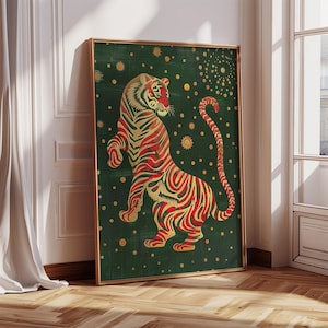 Arte giapponese della tigre per il soggiorno / Stampa astratta della tigre verde e oro / Decorazione murale moderna per casa, camera da letto o ufficio