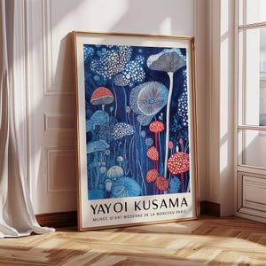 Mushroom Print in Red and Blue – Surreal Fungi Poster for Modern Botanical Wall Decor | Yayoi Kusama Inspired Dotted Wall Art